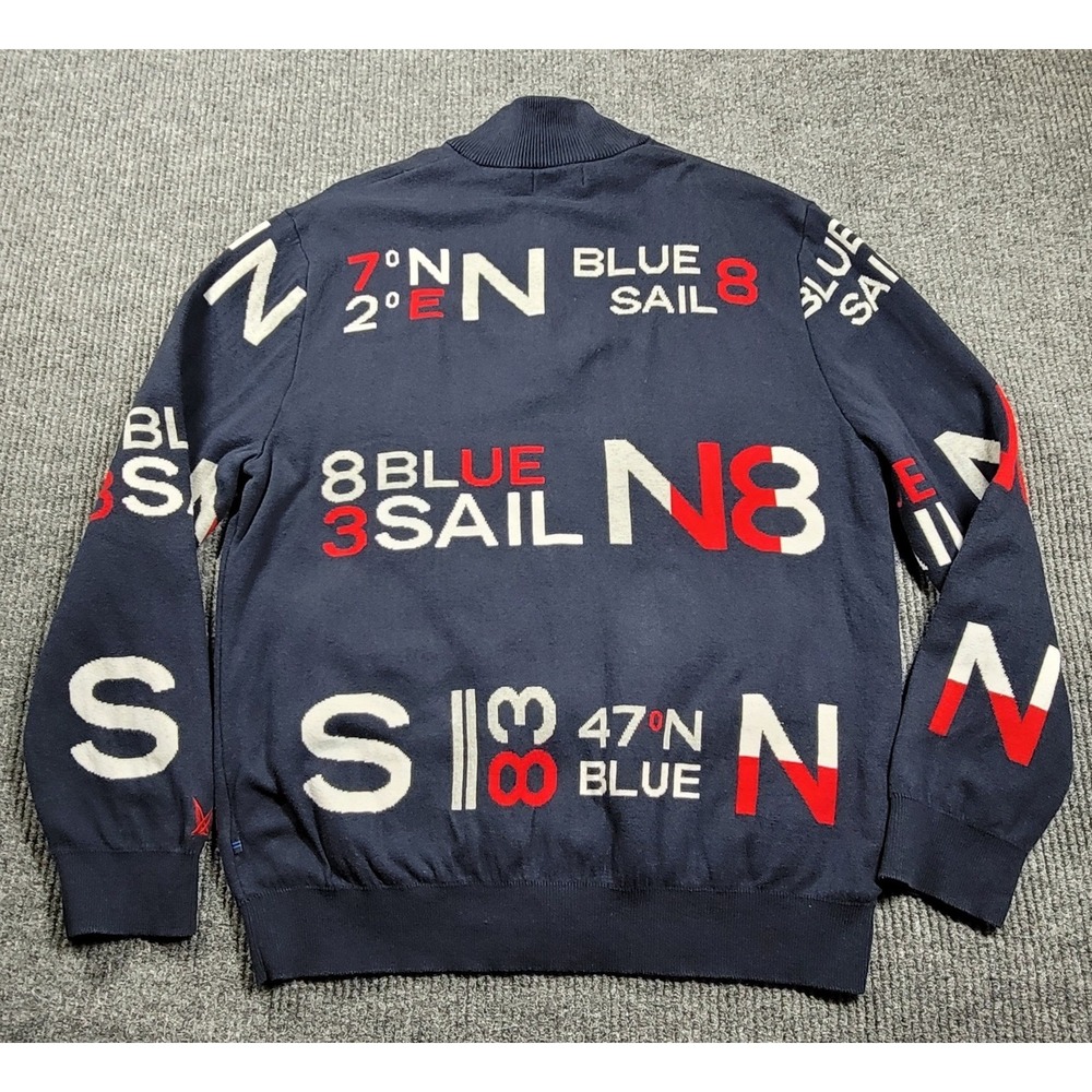 VTG Nautica Blue Sail Sweater Men's Navy Blue Full Zip Graphic Intarsia Knit XL - Picture 2 of 12